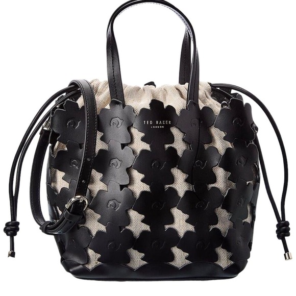 Ted Baker Handbags - NWT Ted Baker Black Florean Flower Laster Cut Detail Leather & Canvas Tote